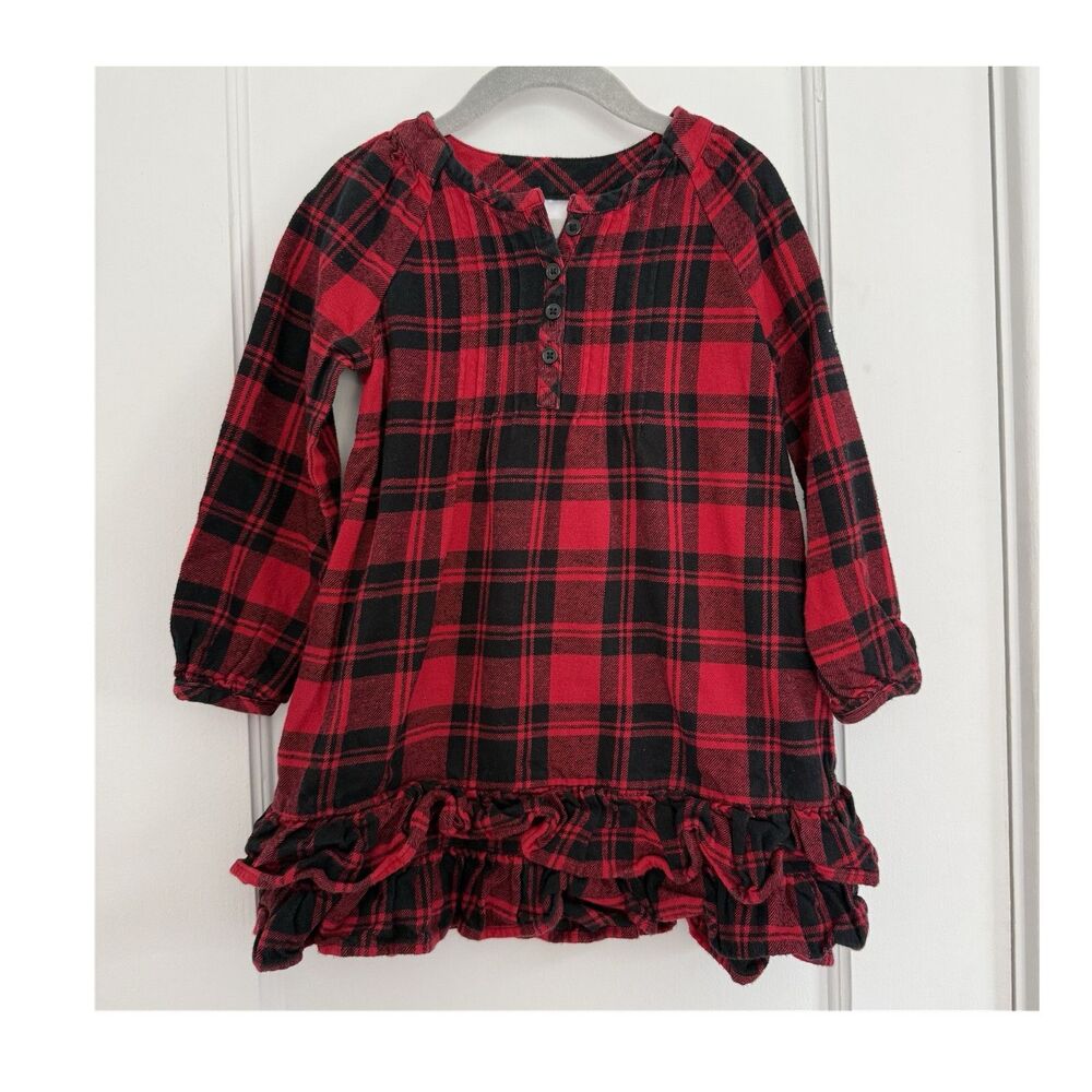 Hanna Andersson Dress Buffalo Check Red Black Plaid Flannel Ruffle Hem 100/4T